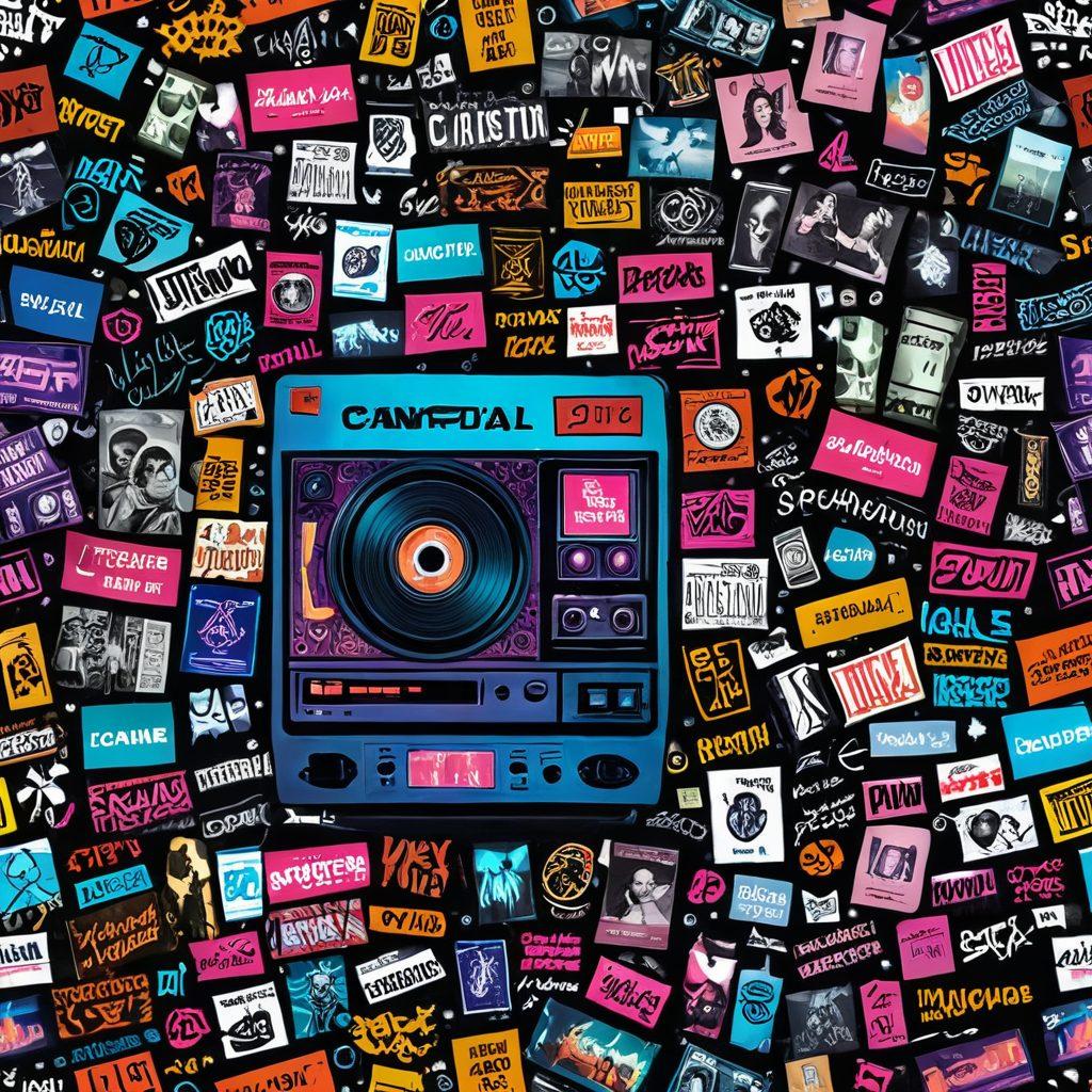 A visually captivating collage showcasing the evolution of adult entertainment, featuring vintage adult film reels transitioning into digital screens displaying modern online platforms. Include iconic imagery like early adult magazines, film canisters, and smartphone apps, surrounded by a holographic digital interface symbolizing the online landscape. The background should blend elements from various decades to emphasize the timeline of change. vibrant colors. cyberpunk.