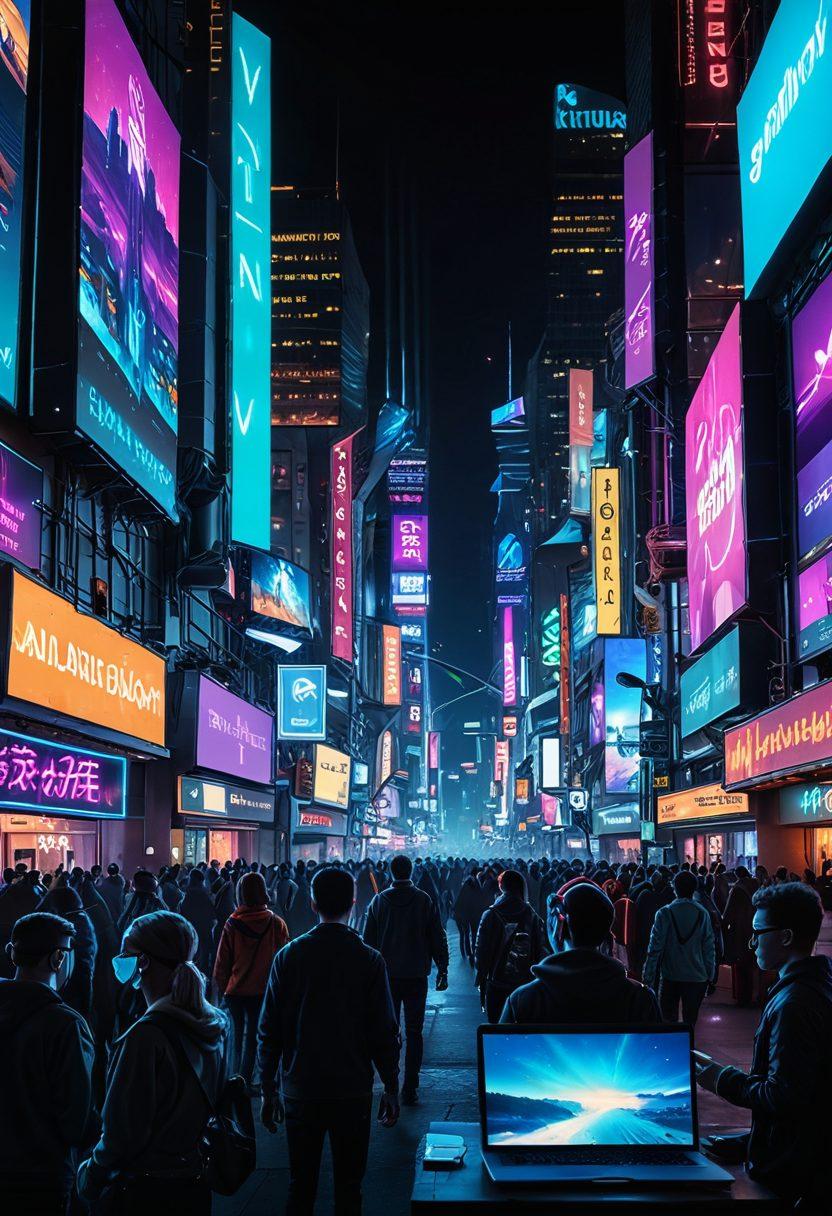 A futuristic cityscape dominated by neon lights and digital screens displaying diverse adult entertainment themes, with people engaging in various viewing habits on laptops and tablets. The scene captures the contrast between traditional and digital spaces, symbolizing the evolution of entertainment preferences. Include elements of technology like VR headsets and high-speed internet visuals. cyberpunk. vibrant colors. 3D.