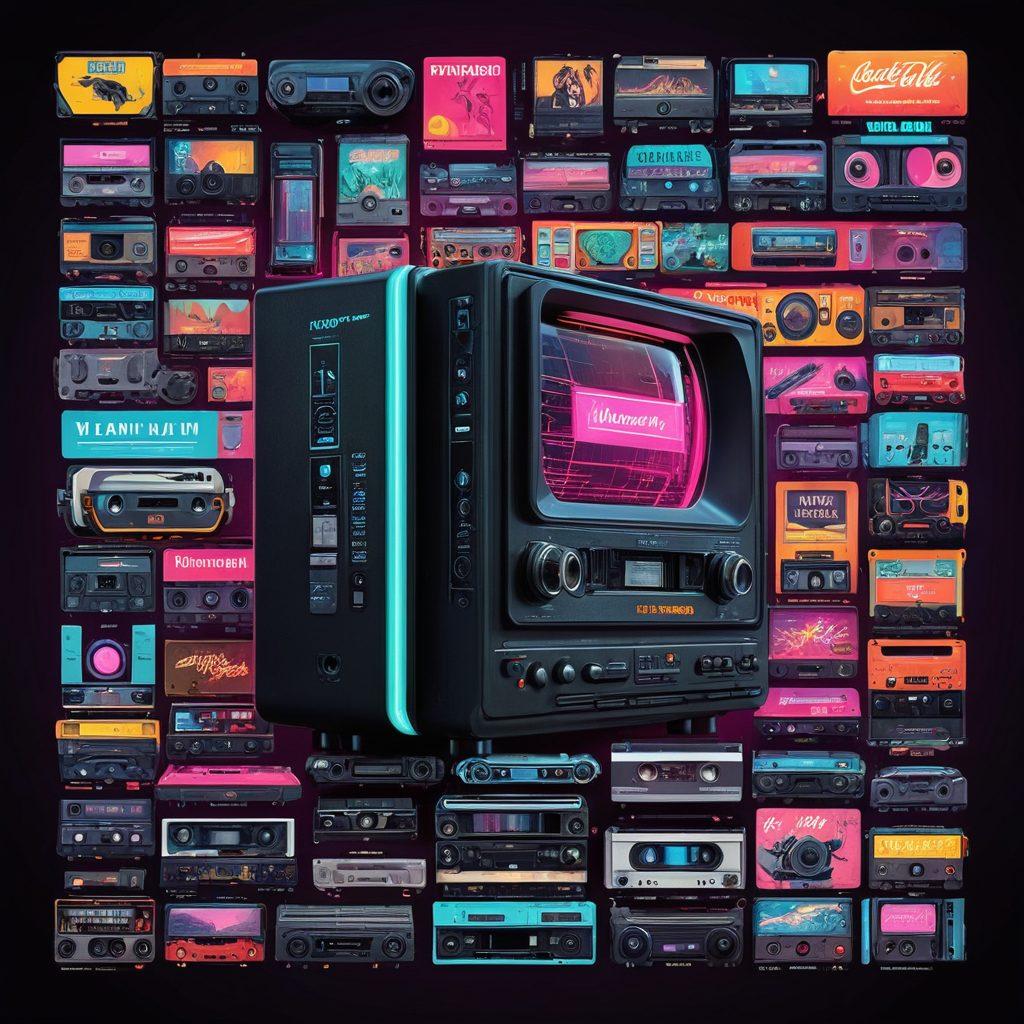 A visual timeline showcasing the evolution of adult entertainment, featuring a VHS tape morphing into a sleek streaming interface, surrounded by nostalgic visuals from the 90s to modern day. Include elements like retro posters, computer screens, and mobile devices in a dynamic collage. Use contrasting colors to highlight the progression from analog to digital. super-realistic. vibrant colors. cyberpunk.